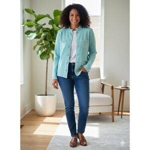 Dialogue Aqua Blue Knit Button Front Cardigan Jacket Gold Buttons Pockets XL
